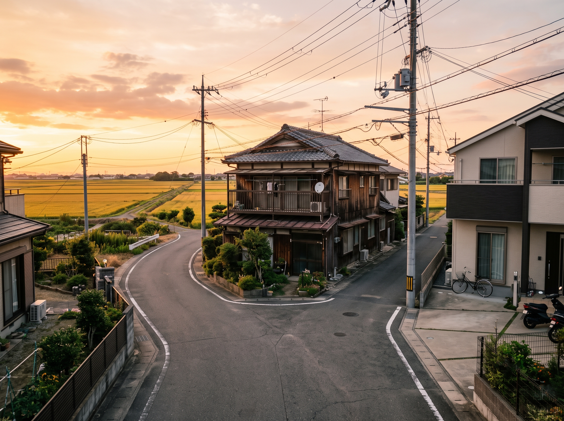兵庫県太子町・たつの市・姫路市西部の平坦な郊外の集落で、狭い旧道沿いに新旧の一般住宅や田畑、電線が並ぶ、夕暮れ時の穏やかな風景。市街化調整区域の実家を相続した際の、地域の実情を伝えています。