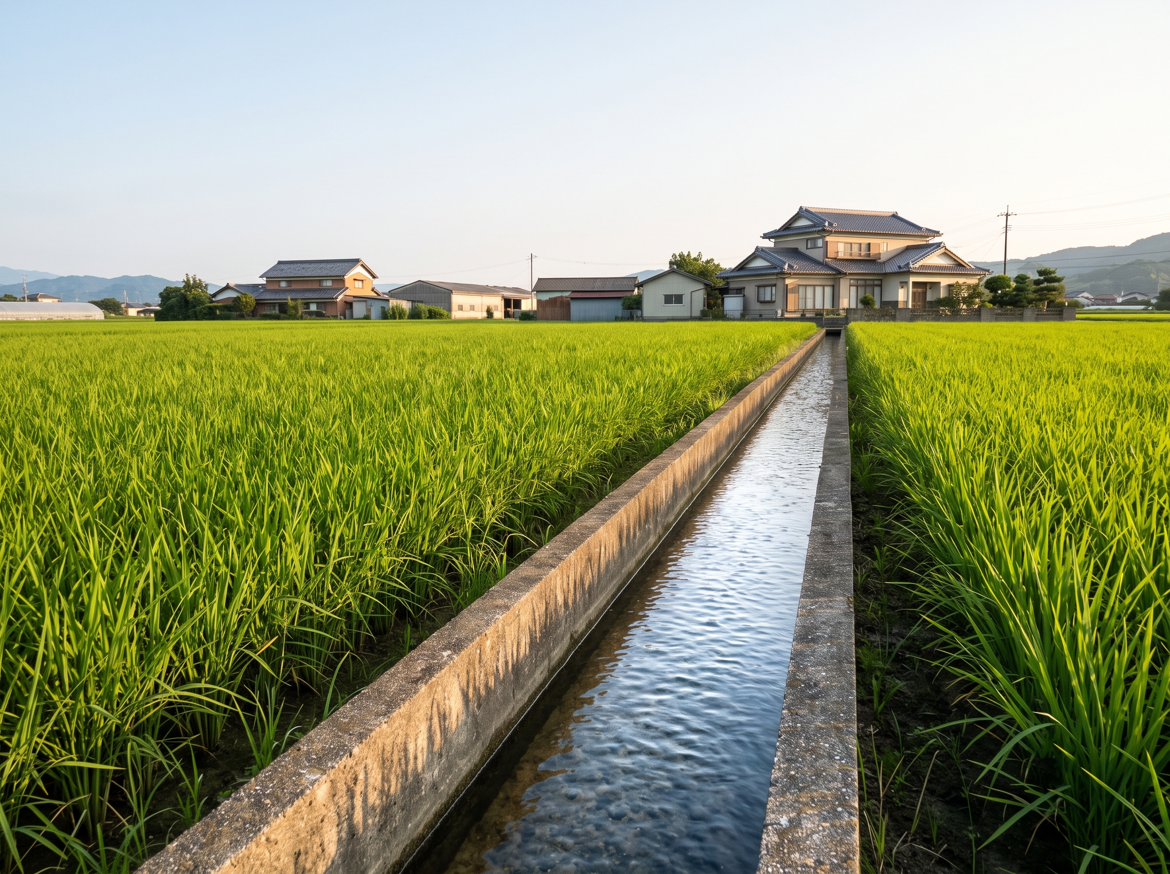 兵庫県太子町・たつの市・姫路市西部ののどかな田園地帯。青々とした美しい水田と穏やかな川の横に昭和の瓦屋根住宅が佇む、夕暮れ時の風景。市街化調整区域の建築制限が、豊かな農地を守る役割を果たしていることを表すイメージ。