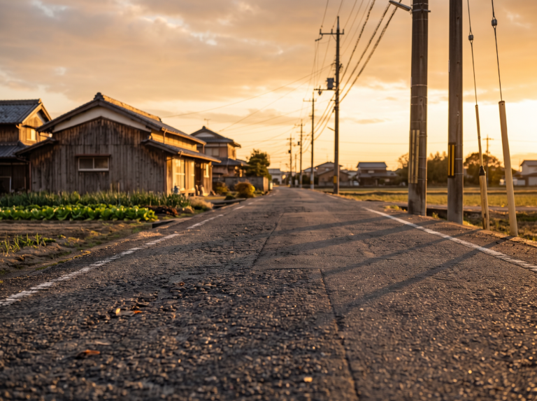 兵庫県太子町・たつの市・姫路市西部の古い集落で、普通車がすれ違うのも難しい幅約3メートルの狭いアスファルト道路と、古い木造2階建て住宅。市街化調整区域の実家がお荷物になるかどうかを見極める基準となる接道条件を表しています。
