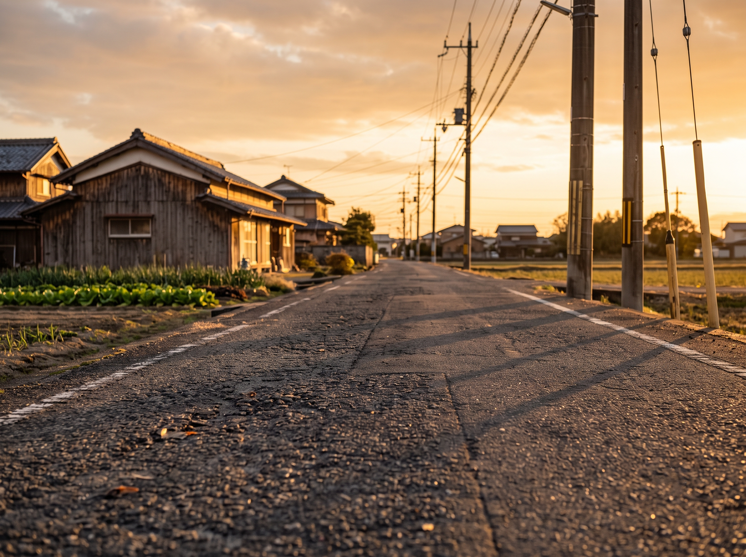 兵庫県太子町・たつの市・姫路市西部の古い集落で、普通車がすれ違うのも難しい幅約3メートルの狭いアスファルト道路と、古い木造2階建て住宅。市街化調整区域の実家がお荷物になるかどうかを見極める基準となる接道条件を表しています。