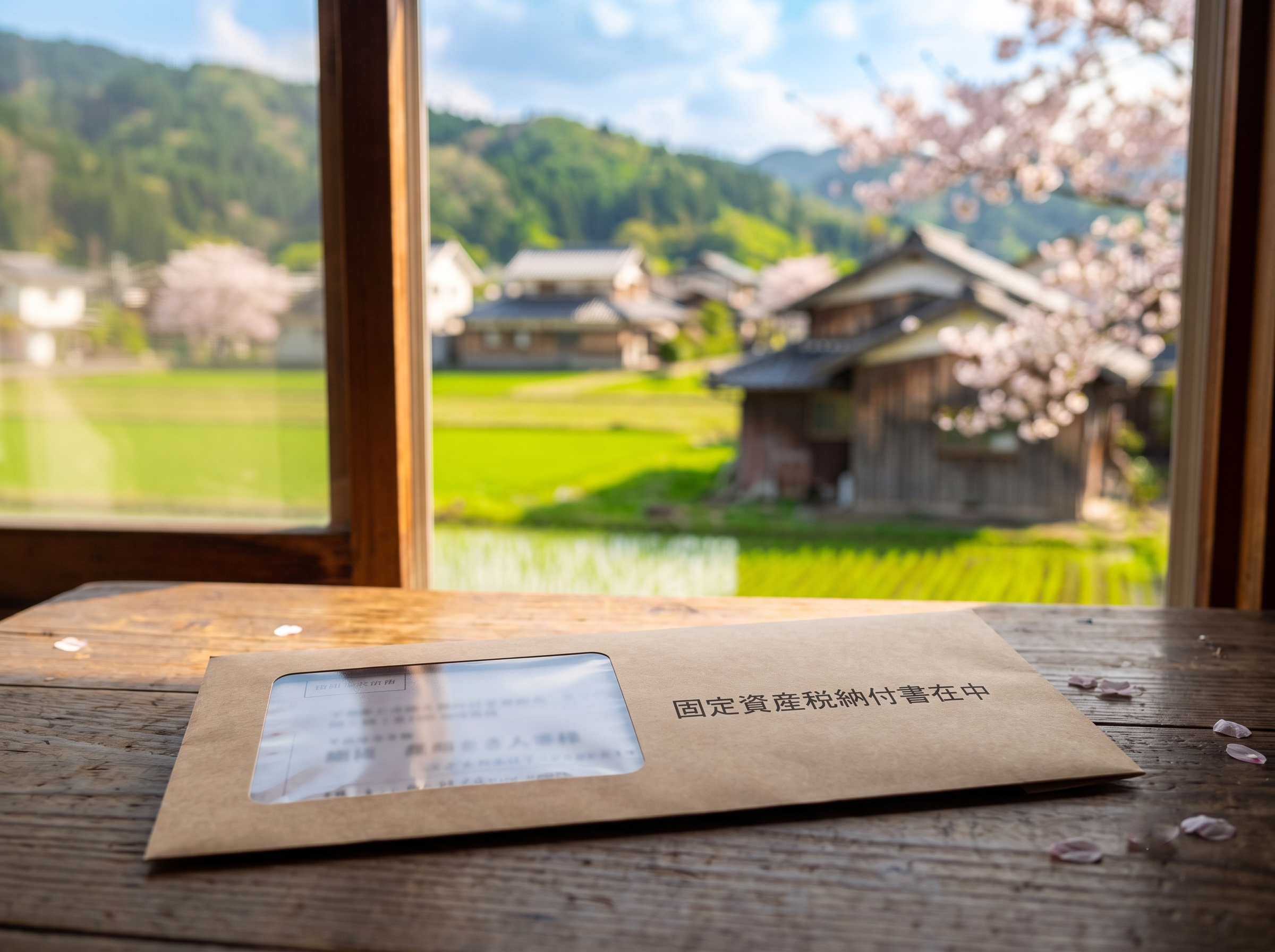 温かい春 of 光が差し込む室内のテーブルに置かれた、固定資産税の納税通知書の茶封筒。窓の外には誰も住まなくなった実家とのどかな郊外の田畑が広がっており、空き家の固定資産税や維持管理に悩む心理描写を表したイメージ。