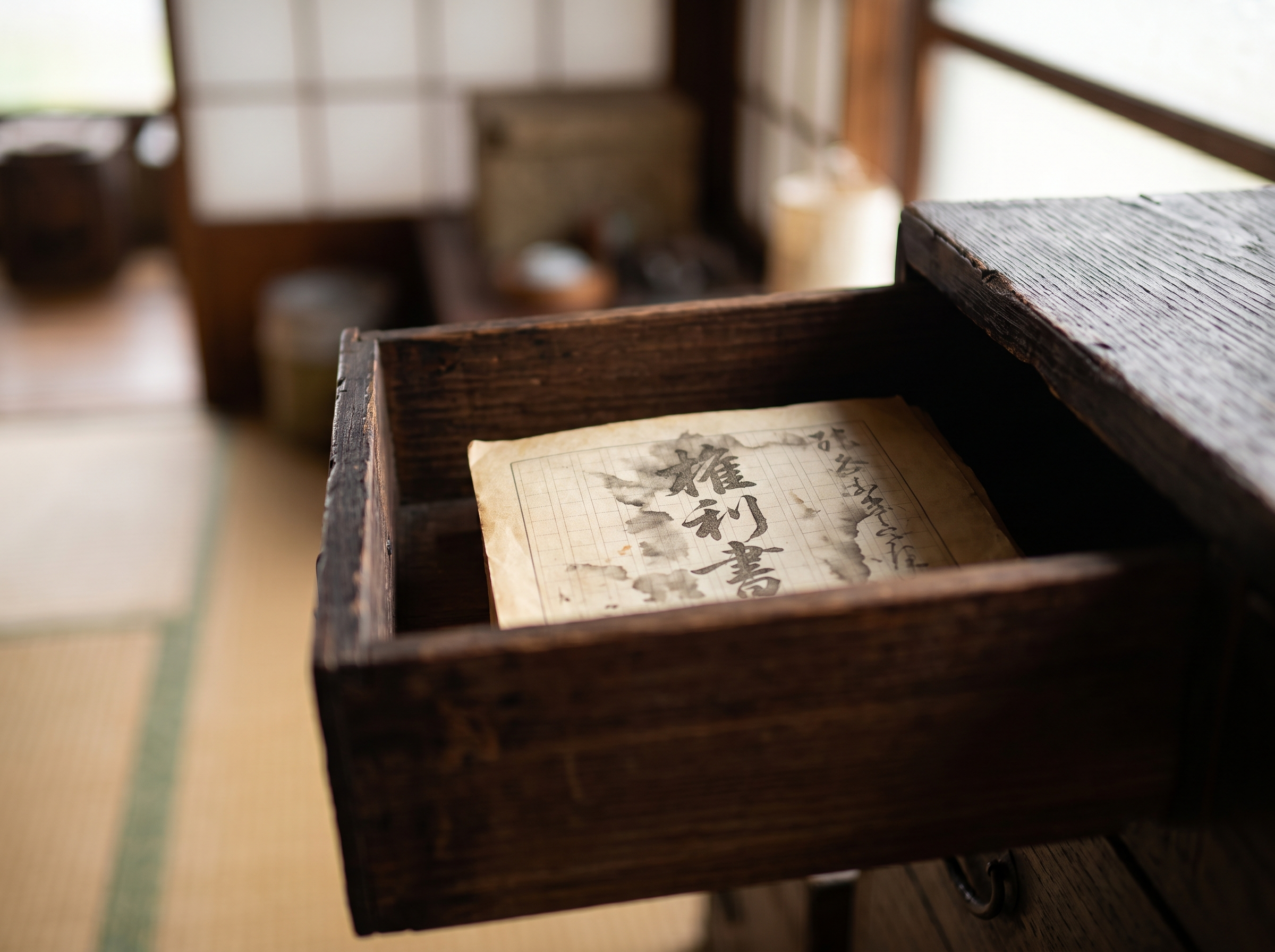 古い木製引き出しの奥から見つかった、昭和に作成された古びた登記済権利証。窓から差し込む温かい光が、何十年も先延ばしにしてきた実家の名義変更手続きに直面した家族の思い出と歴史を優しく照らしています。