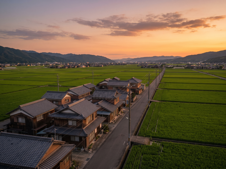 兵庫県太子町・たつの市・姫路市西部の、黄金色の夕日に照らされたのどかな舗装旧道と、昭和後期の木造2階建て住宅が立ち並ぶ風景。親戚以外にも新しい世代へ繋ぐ、安全な市街化調整区域の売却・引き継ぎを象徴するイメージ。