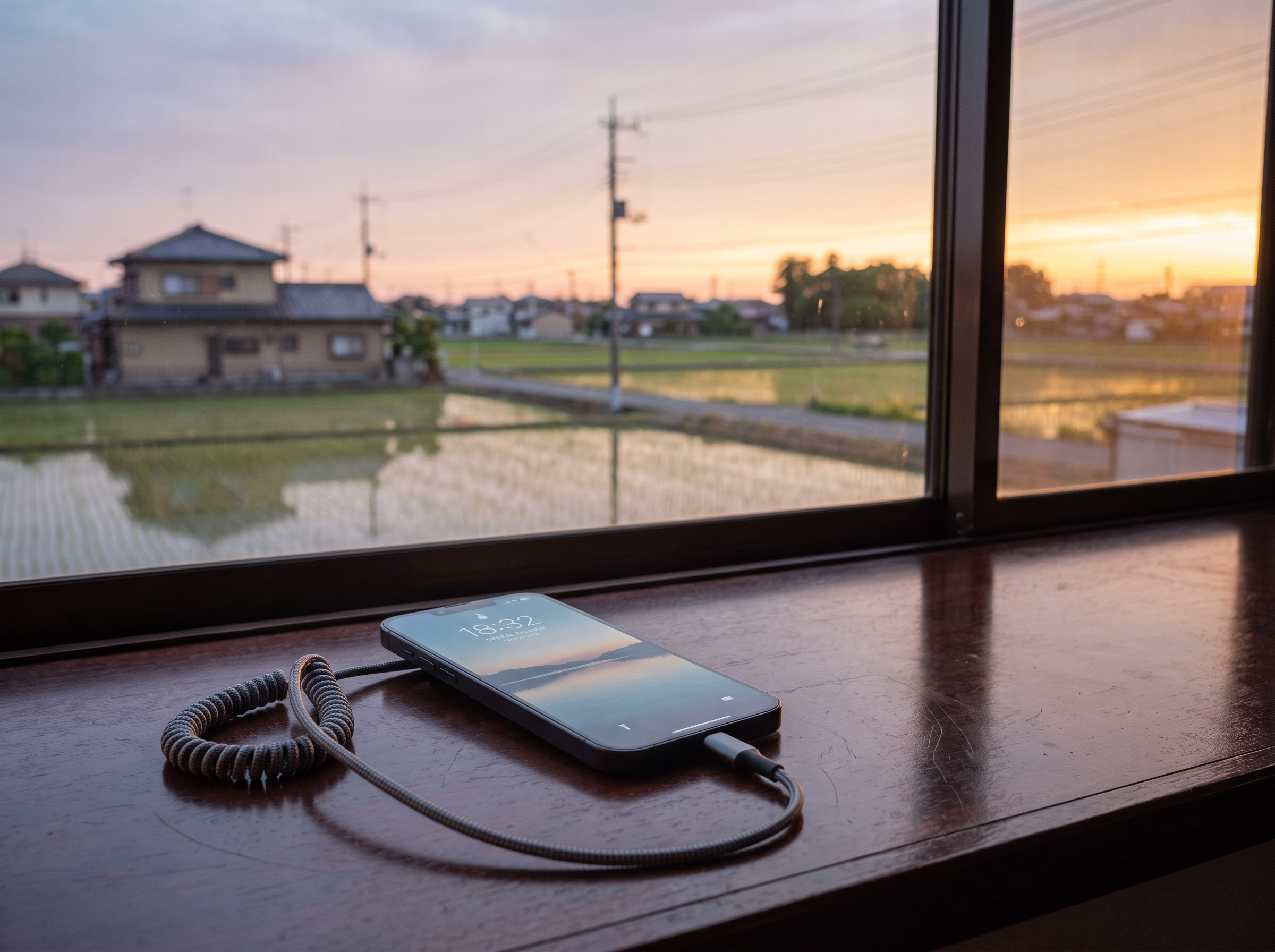 夕暮れ時の柔らかな光が差し込む窓辺の木製テーブルに置かれたスマートフォン。画面が優しく光り、窓の外にはのどかな集落が広がっています。遠方のきょうだいと重ねる実家相続の話し合い、もつれた心の糸をゆっくりと解きほぐす情景を表現。