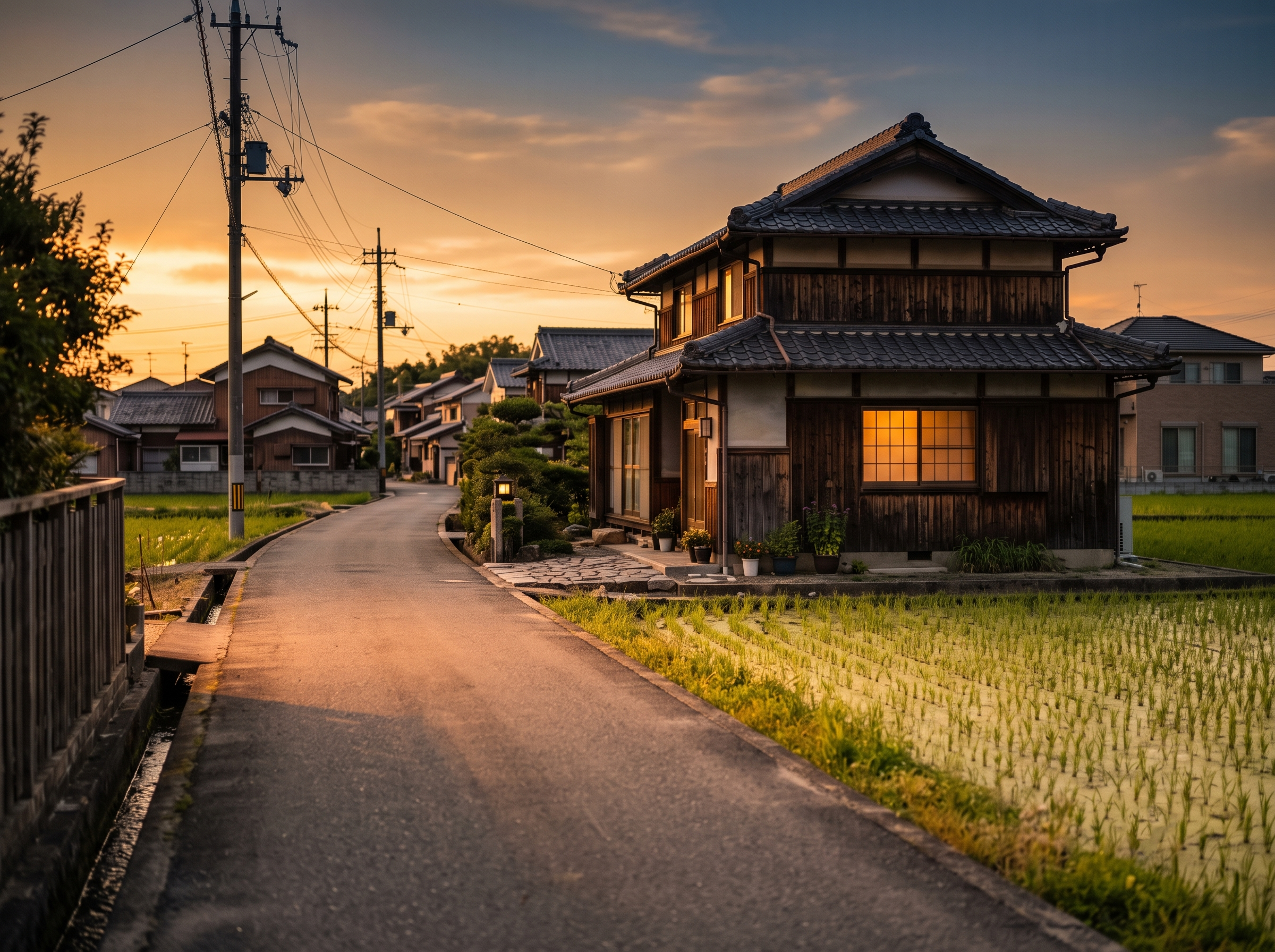 兵庫県太子町・たつの市・姫路市西部の、のどかで平坦な古い集落に佇む瓦屋根の実家。夕暮れ時の柔らかな黄金色の光が窓から差し込み、新しく住まう次の世代の若い家族を優しく迎え入れる温かい希望を表現したイメージ。