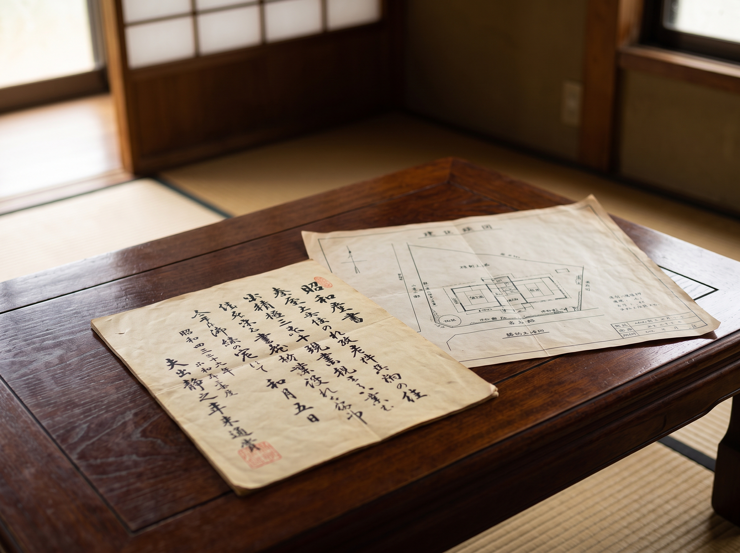 兵庫県太子町・たつの市・姫路市西部の平坦な郊外。かつておじいさまが新築した頃（昭和）の、日付や手書き文字が優しく残る古い建築設計図や公的なお家の登記関係の紙書類。テーブルの上で広げられ、窓からの柔らかい日の光が紙の質感を美しく照らし出しているイメージ。