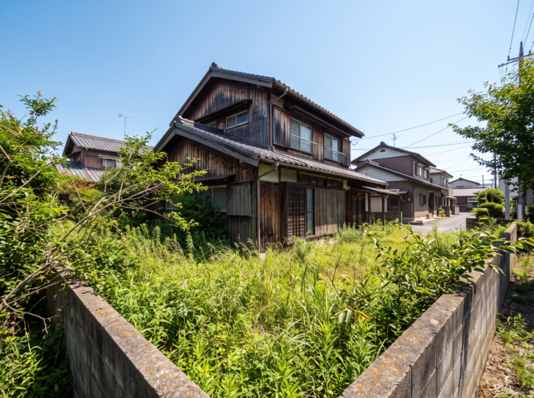 兵庫県太子町・たつの市・姫路市西部の平坦な郊外。強い日差しを浴びて空き家の庭一面に青々と繁茂した雑草や木々が塀を越えてお隣に侵入している様子。遠く離れた実家の維持管理や雑草問題に頭を悩ませる様子を表したイメージ。