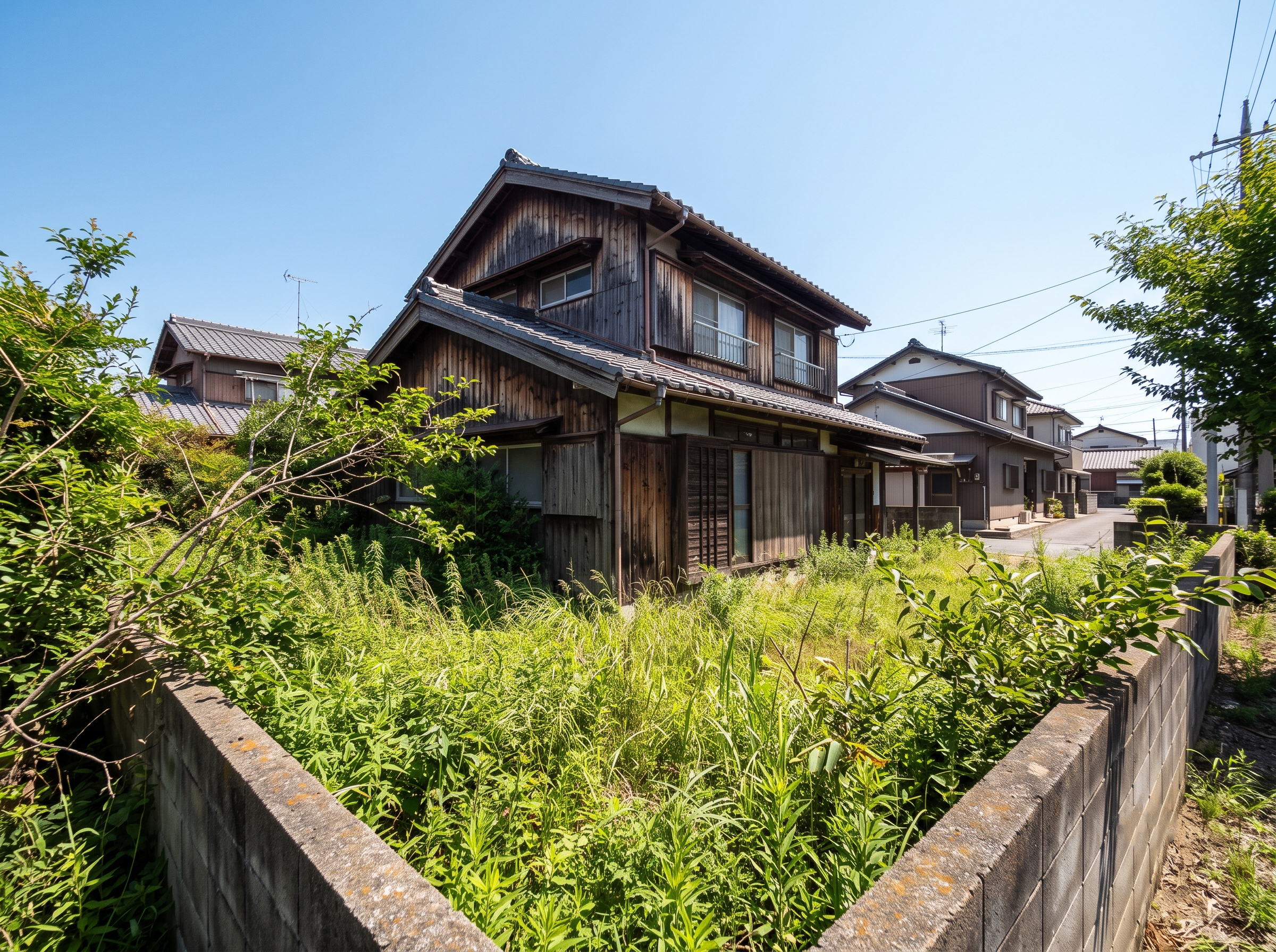 兵庫県太子町・たつの市・姫路市西部の平坦な郊外。強い日差しを浴びて空き家の庭一面に青々と繁茂した雑草や木々が塀を越えてお隣に侵入している様子。遠く離れた実家の維持管理や雑草問題に頭を悩ませる様子を表したイメージ。