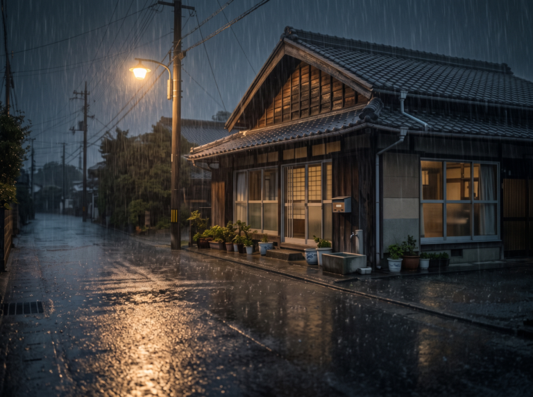 兵庫県太子町・たつの市・姫路市西部の平坦な郊外。台風の夜、激しい雨風に晒されながらも静かに佇む瓦屋根の古い空き家（昭和のお家）。障子窓から温かい光がかすかに漏れ、遠方から実家の保全管理や雨漏り、急激な建物劣化を心配する情景を表したイメージ。