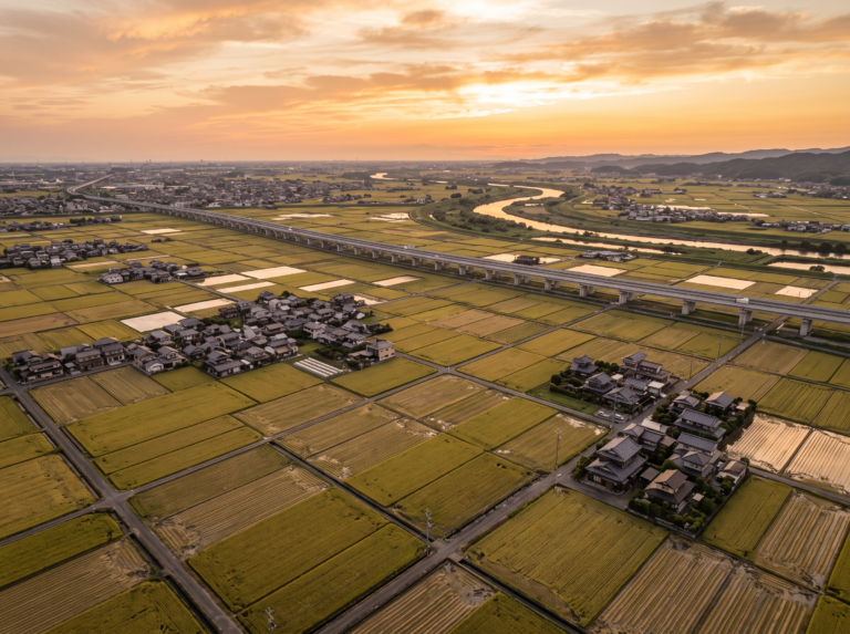 兵庫県太子町・たつの市・姫路市西部の平坦な郊外。のどかな田畑の奥に見える高架のバイパス道路と、そこから続くアスファルトの細い生活道路。夕暮れ時の黄金色の光に照らされた昭和の一般住宅が立ち並び、車社会ならではの高いアクセスの強みを表現したイメージ。