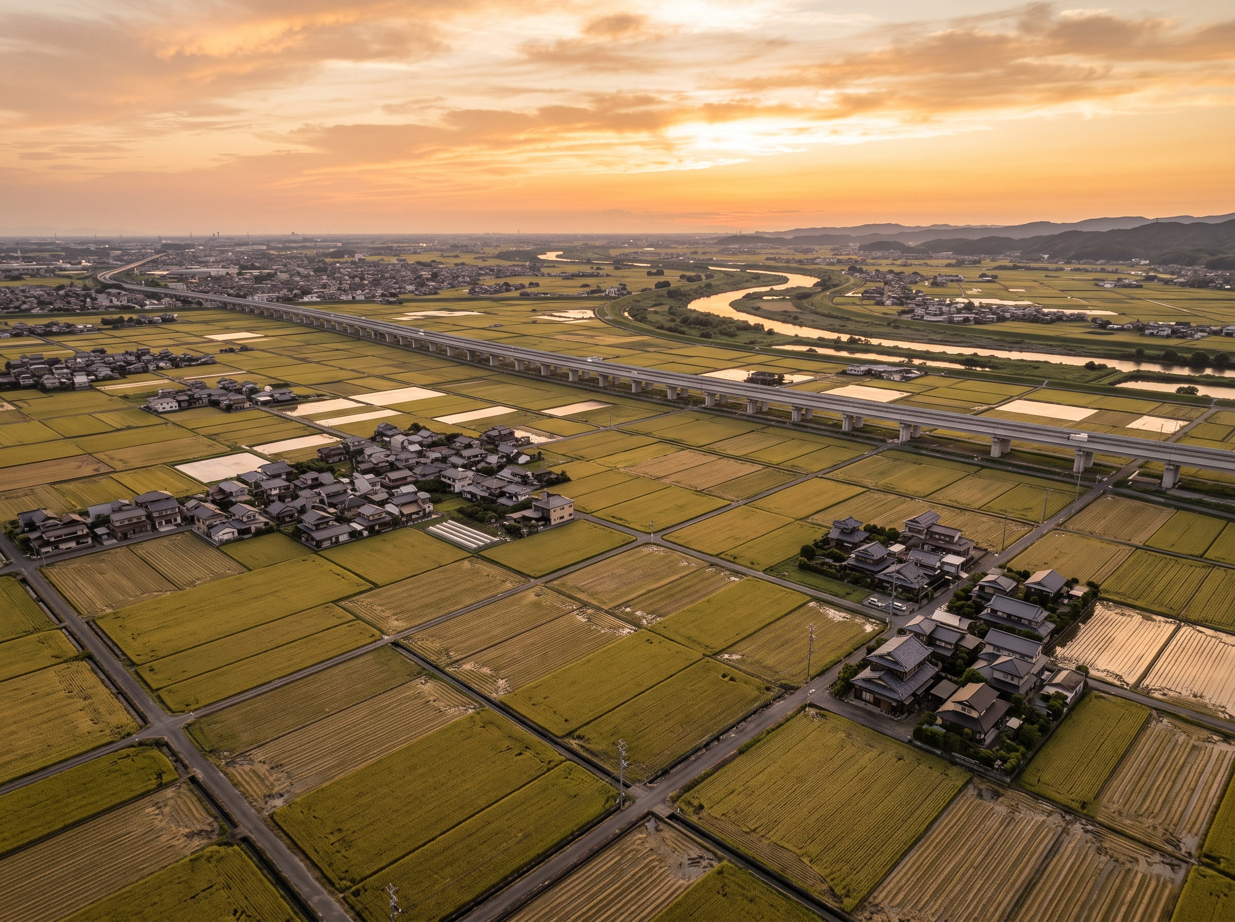 兵庫県太子町・たつの市・姫路市西部の平坦な郊外。のどかな田畑の奥に見える高架のバイパス道路と、そこから続くアスファルトの細い生活道路。夕暮れ時の黄金色の光に照らされた昭和の一般住宅が立ち並び、車社会ならではの高いアクセスの強みを表現したイメージ。
