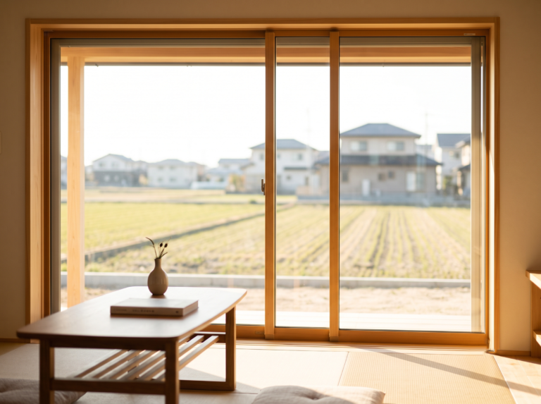 兵庫県太子町・たつの市・姫路市西部の平坦な郊外。明るく美しい光が差し込む和室の窓辺で、新しいたつの市や太子町ののどかな一般住宅を眺めながら、これからのゆとりある暮らしを想像する若い夫婦の後ろ姿（表情は見えない）を優しく描いたイメージ。