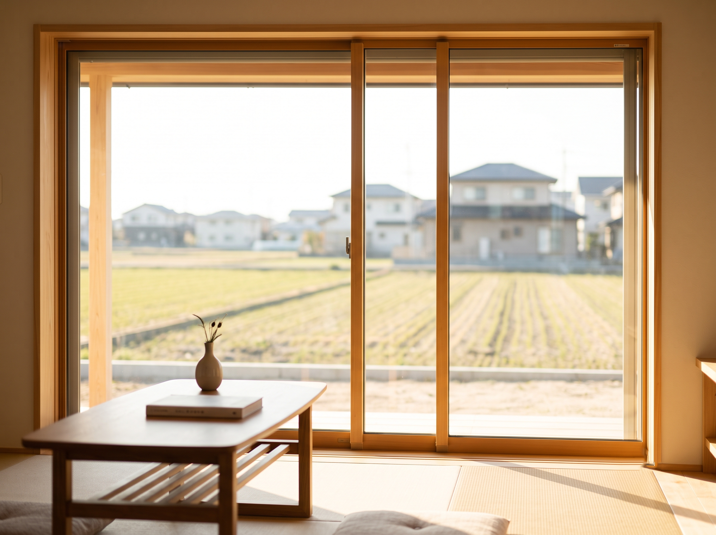 兵庫県太子町・たつの市・姫路市西部の平坦な郊外。明るく美しい光が差し込む和室の窓辺で、新しいたつの市や太子町ののどかな一般住宅を眺めながら、これからのゆとりある暮らしを想像する若い夫婦の後ろ姿（表情は見えない）を優しく描いたイメージ。