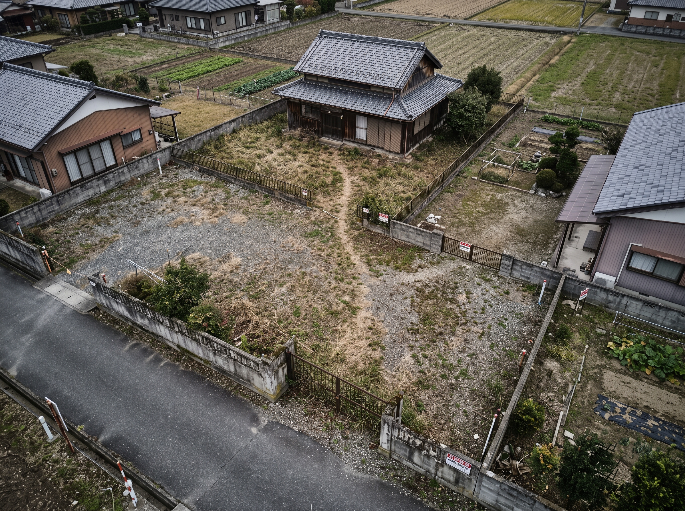 兵庫県太子町・たつの市・姫路市西部の平坦な郊外。他人の土地に囲まれ公道に抜けられない無道路地。お隣との境界線も曖昧なまま草が生い茂る古い実家（昭和のお家）を、曇り空の冷たい光が静かに照らし、市街化調整区域でどうしても建て直せない厳しい現実の真実を表現したイメージ。