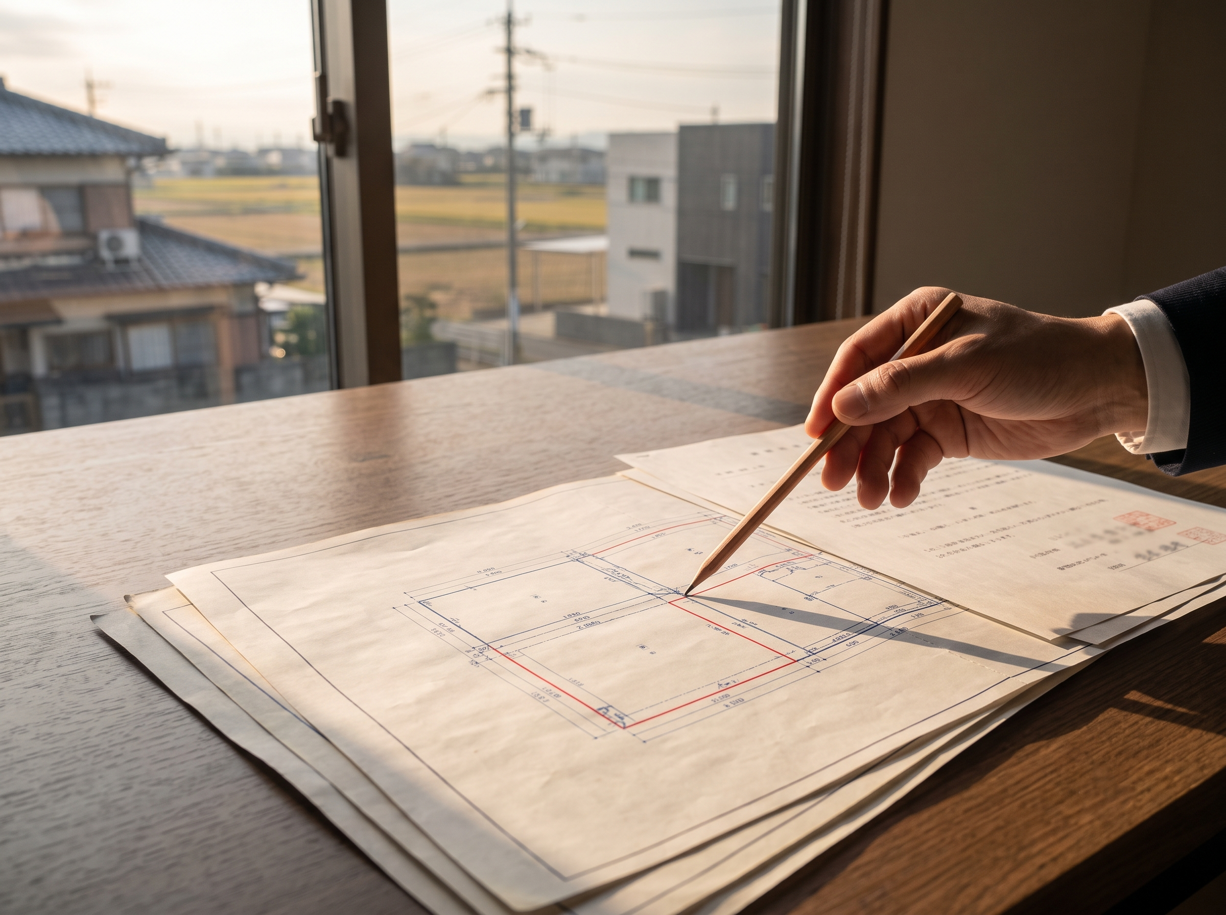 兵庫県太子町・たつの市・姫路市西部の平坦な郊外。役所で実家の詳細な図面や隣地との境界を丁寧に確認しながら、最も安全に手放すための具体的な解決ロードマップを作成するプロの誠実な様子。実家の重荷から解放されて前を向く安心感を表現したイメージ。