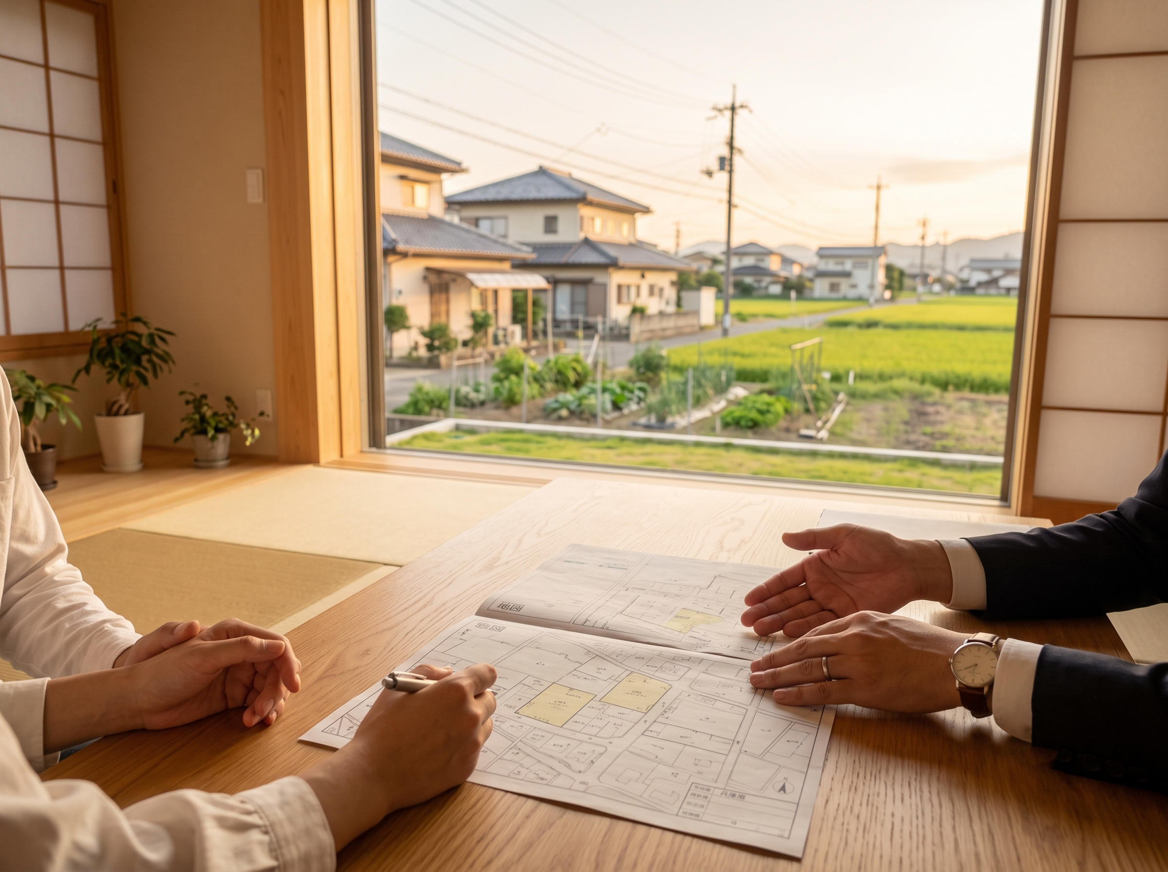 兵庫県太子町・たつの市・姫路市西部の平坦な郊外。のどかな集落に佇む古い実家（昭和のお家）を背景に、新しく住まう次の世代の若いご夫婦とウッドワークス不動産が、境界や建築適合条件が美しく整った土地図面を見ながら、笑顔で温かい契約（約束）を交わしているイメージ。