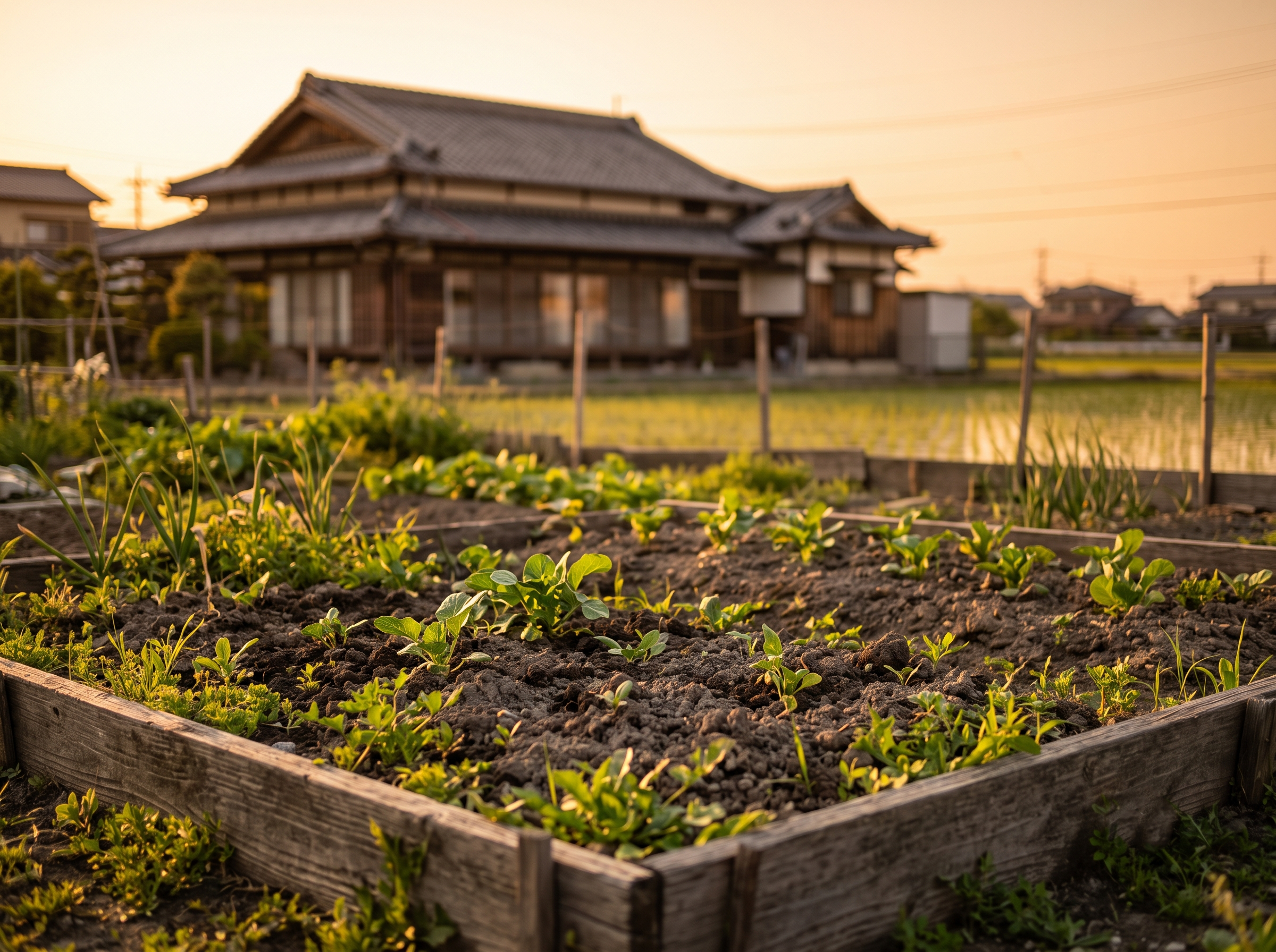 兵庫県太子町・たつの市・姫路市西部の平坦な郊外。夕暮れ時の黄金色の光に照らし、かつて親が大切に手入れをしていた実家の小さな畑（家庭菜園）の跡。思い出の詰まった土を、次の世代の新しい家族の安全な庭へと優しく引き継ぐ温かい希望を表現したイメージ。