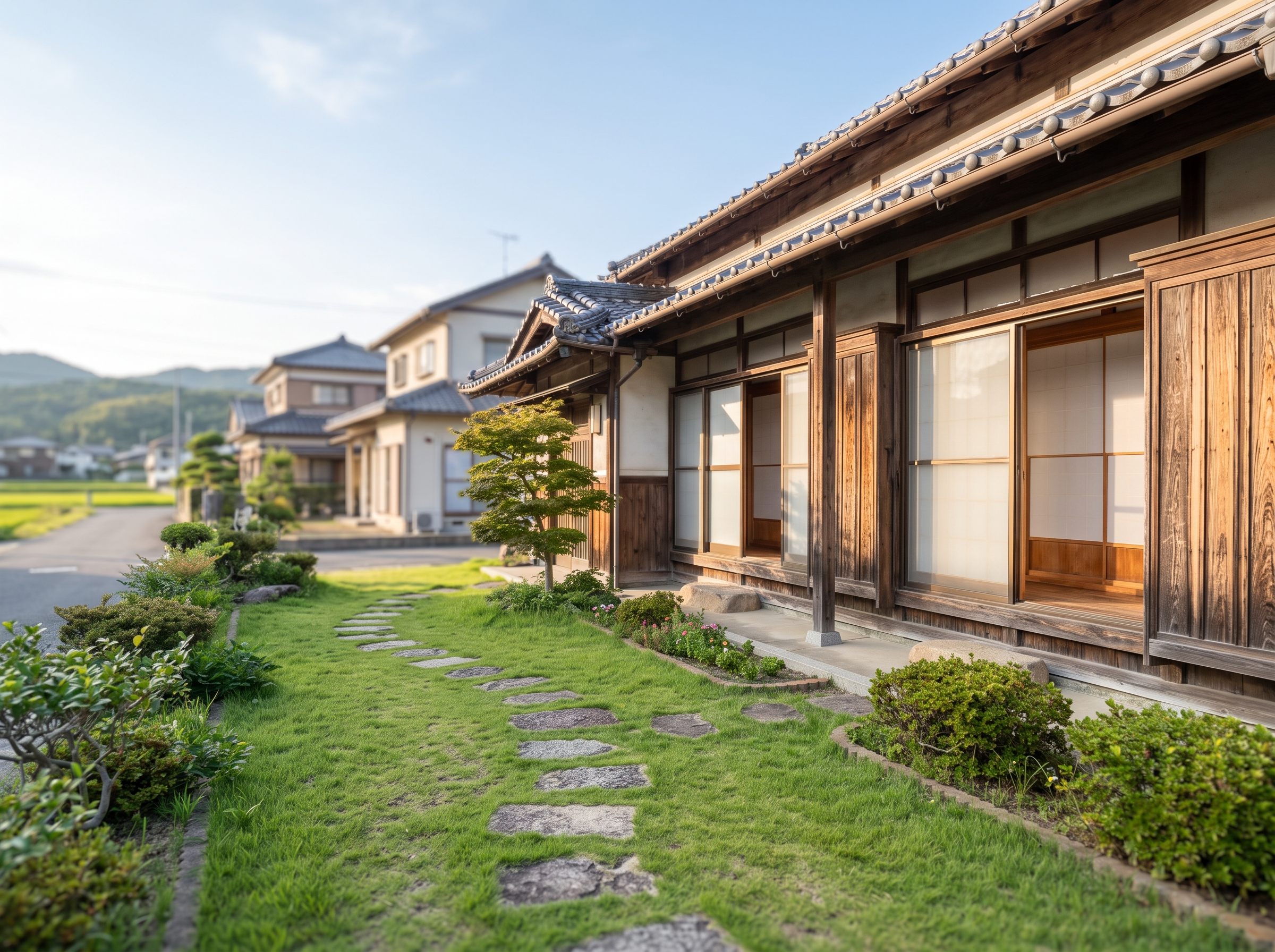 兵庫県太子町・たつの市・姫路市西部の平坦な郊外。新緑と透き通るような美しい青空の下、昭和の温かみを残す古い実家（昭和のお家）の前に佇み、大切な思い出を胸に、新しい若い世代の家族へと未来のバトンを繋ぐ準備が整った晴れやかな情景を表現したイメージ。